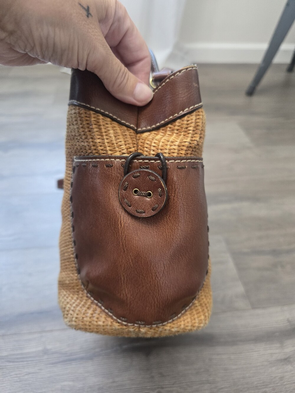 Fossil woven straw and brown leather trim satchel Vintage Cottagecore Fisherman - Picture 9 of 12